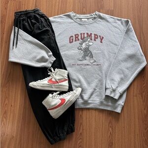 Y2K Disney Tag | Grumpy “Not Happy Simply Grumpy” Cozy Gray Streetwear Crewneck